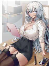 Rule 34 | 1girl, arm support, blue eyes, blue nails, bonkiru, breasts, brown thighhighs, button gap, cellphone, cleavage, closed mouth, collared shirt, commission, covered navel, cubicle, curvy, desk, garter straps, glasses, grey hair, hair between eyes, high-waist skirt, highres, large breasts, linea alba, long hair, looking at viewer, miniskirt, office, office lady, on desk, one side up, original, partially unbuttoned, pen, pencil skirt, phone, shirt, shirt tucked in, sitting, on desk, skirt, sleeves rolled up, smartphone, smile, solo, tablet pc, thighhighs, white hair, white shirt, zettai ryouiki