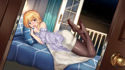 Rule 34 | 1girl, ass, balcony, bed, blonde hair, blush, feet, highres, looking at viewer, lying, medium hair, night, off shoulder, on stomach, open mouth, pantyhose, shorts, soles, toes, yellow eyes