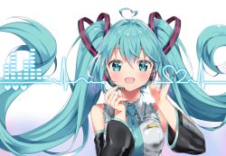 Rule 34 | 1girl, :d, ahoge, aqua eyes, aqua hair, aqua nails, aqua necktie, arami o 8, black nails, blush, breasts, cardiogram, detached sleeves, gradient background, grey shirt, hands up, hatsune miku, headset, heart, heart ahoge, heart in eye, long hair, long sleeves, medium breasts, nail polish, necktie, open mouth, shirt, smile, solo, symbol in eye, twintails, upper body, very long hair, vocaloid, white background