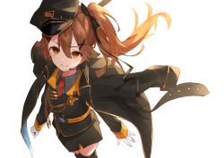 Rule 34 | 1girl, absurdres, black jacket, black ribbon, black skirt, blush, brown hair, closed mouth, from above, grey shirt, hair ribbon, hat, headset, highres, hikari yui, jacket, jacket on shoulders, long hair, long sleeves, looking at viewer, military, military hat, military uniform, necktie, re:act, red necktie, ribbon, shirt, shishigami leona, simple background, skirt, smile, solo, two side up, uniform, virtual youtuber, white background, yellow eyes