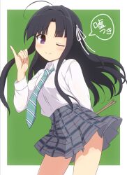 Rule 34 | 1girl, ;), ahoge, arm behind back, awa subaru, black hair, blunt bangs, border, breasts, closed mouth, collared shirt, commentary, cowboy shot, curakuru, diagonal-striped clothes, diagonal-striped necktie, dress shirt, drumsticks, girls band cry, green background, green necktie, grey skirt, hair ribbon, hand up, highres, holding, holding drumsticks, light blush, long hair, long sleeves, looking at viewer, medium breasts, miniskirt, necktie, one eye closed, outside border, parted bangs, pinky out, plaid, plaid skirt, pleated skirt, purple eyes, ribbon, school uniform, shirt, sidelocks, skirt, smile, solo, speech bubble, split mouth, striped clothes, translated, white border, white ribbon, white shirt