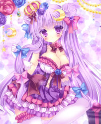 Rule 34 | 1girl, bad id, bad pixiv id, blush, bow, breasts, cleavage, crescent, crescent hair ornament, crown, double bun, dress, frills, hair bow, hair bun, hair ornament, kouta., large breasts, light purple hair, long hair, mini crown, patchouli knowledge, purple eyes, thighhighs, touhou, very long hair, white thighhighs