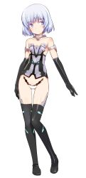 Rule 34 | 10s, 1girl, absurdres, black gloves, black thighhighs, blue eyes, blue hair, boots, bustier, corset, detached collar, elbow gloves, flat chest, frame arms girl, full body, gloves, highres, matching hair/eyes, materia (frame arms girl), materia kuro, shimada fumikane, short hair, simple background, solo, standing, thigh boots, thighhighs, white background