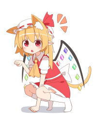Rule 34 | 1girl, animal ears, ascot, back bow, blonde hair, bow, cat ears, cat tail, crystal, flandre scarlet, frills, hat, highres, looking at viewer, mob cap, nihohohi, no shoes, paw pose, pointy ears, puffy short sleeves, puffy sleeves, red eyes, red skirt, red vest, ribbon, shirt, short hair, short sleeves, side ponytail, simple background, skirt, skirt set, socks, solo, tail, touhou, vest, white background, white shirt, white socks, wings, yellow ascot