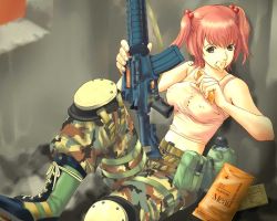 Rule 34 | 1girl, ammunition pouch, army, assault rifle, belt, boots, breasts, buckle, camouflage, canteen, covered erect nipples, eating, field ration, food, food in mouth, gun, hair bobbles, hair ornament, katayama makoto, kinpika1966, knee pads, m4 carbine, medium breasts, midriff, pink hair, pouch, rifle, shirt, snap-fit buckle, solo, tank top, taut clothes, taut shirt, twintails, weapon