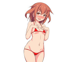 Rule 34 | 1girl, alternate costume, bare shoulders, bikini, blush, breasts, brown hair, cameltoe, collarbone, commentary request, cowboy shot, fang, gluteal fold, groin, hair between eyes, hair ornament, hairclip, ikazuchi (kancolle), kantai collection, looking at viewer, micro bikini, mizunoe kotaru, navel, open mouth, red bikini, short hair, simple background, skindentation, small breasts, smile, solo, standing, stomach, string bikini, sweatdrop, swimsuit