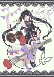 Rule 34 | 1girl, black footwear, black hair, black jacket, black ribbon, black shirt, blouse, blush, boots, border, bow, breasts, cake, candle, candy, chocolate, chocolate heart, cleavage, closed eyes, commentary request, confetti, cross-laced clothes, cross-laced sleeves, demon girl, demon horns, demon tail, fire, food, fork, fruit, full body, happy birthday, heart, heart print, highres, horns, hugging own legs, jacket, kojo anna, kojo anna (1st costume), lace, lace border, leg ribbon, long hair, long sleeves, medium breasts, multicolored footwear, multicolored hair, nanashi inc., navel, off shoulder, open clothes, open jacket, open mouth, ornate border, oversized food, oversized object, own hands together, pointy ears, print shirt, purple bow, purple footwear, purple hair, purple thighhighs, ribbon, rsyiets, russian text, see-through, see-through cleavage, see-through shirt, shirt, single thighhigh, sleeveless, sleeveless shirt, smile, solo, strawberry, strawberry shortcake, sugar lyric, tail, thigh strap, thighhighs, twintails, two-tone hair, very long hair, virtual youtuber, white footwear