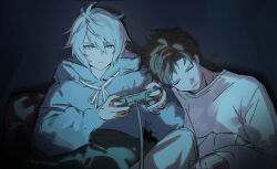 Rule 34 | 2boys, @ 43517, belial (granblue fantasy), bishounen, black background, blue hood, blue hoodie, brown hair, closed eyes, controller, crossed legs, dark, expressionless, granblue fantasy, hair between eyes, hood, hoodie, korean commentary, leaning on person, light, light frown, long sleeves, lucilius (granblue fantasy), male focus, messy hair, multiple boys, parted bangs, shadow, shirt, short hair, sleeping, spiked hair, under covers, video game, watching television, white shirt