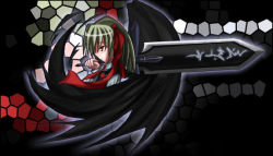 Rule 34 | 1girl, black wings, blonde hair, embodiment of scarlet devil, ex-rumia, female focus, hair ribbon, mosaic background, red eyes, red ribbon, ribbon, rumia, shirt, short hair, solo, sword, touhou, weapon, white shirt, wings
