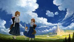 Rule 34 | 3girls, absurdres, animal ears, axleaki, blue skirt, blue sky, blush, brown eyes, brown hair, closed eyes, cloud, commentary request, day, dog ears, dog girl, dog tail, fantasy, field, film grain, flower basket, grass, highres, landscape, long hair, looking at viewer, multiple girls, open mouth, original, outdoors, pleated skirt, scenery, shirt, short hair, skirt, sky, tail, tree, white shirt, wide shot, windmill