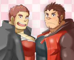 Rule 34 | 2boys, :d, akashi (live a hero), bara, brown hair, checkered background, crossover, facial hair, facial scar, goatee, goatee stubble, highres, large pectorals, live a hero, long sideburns, looking at viewer, male focus, multiple boys, muscular, muscular male, open mouth, pectoral docking, pectoral press, pectorals, pink background, red eyes, red hair, scar, scar on cheek, scar on face, scar on nose, short hair, sideburns, smile, spiked hair, stubble, tamamura gunzo, thick eyebrows, tokyo houkago summoners, yugyouhijiri
