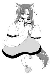 Rule 34 | 1girl, ;d, animal ears, bad id, bad twitter id, dress, frilled sleeves, frills, greyscale, heart, imaizumi kagerou, kazawa (tonzura-d), long hair, monochrome, one eye closed, open mouth, sleeves past wrists, smile, tail, touhou, wide sleeves, wolf ears, wolf tail