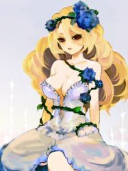 Rule 34 | 1girl, blonde hair, breasts, cleavage, dress, flower, grimgrimoire, hair ornament, hiro (pixiv), large breasts, long hair, lujei piche, nippon ichi, red eyes, solo