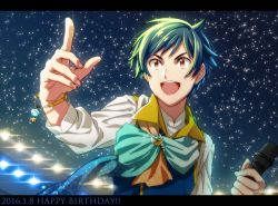 Rule 34 | 10s, 1boy, blue hair, bracelet, brown eyes, close-up, happy birthday, idolmaster, idolmaster side-m, igari leo, ikuwataru nagomi, jewelry, letterboxed, looking up, male focus, microphone, moon (ornament), night, night sky, open mouth, pointing, scarf, sky, smile, solo, sparkle, stage lights, star (sky), starry sky, upper body