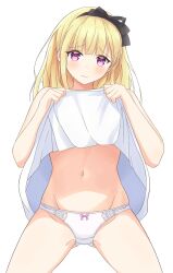 Rule 34 | 1girl, black ribbon, blonde hair, bow, bow panties, closed mouth, clothes lift, commentary, crotch seam, dress, dress lift, earrings, frown, groin, hair ribbon, highres, invisible chair, jewelry, lifted by self, looking at viewer, medium hair, navel, original, panties, purple eyes, ribbon, salve (lindasakura), short dress, simple background, sitting, solo, underwear, white background, white dress, white panties