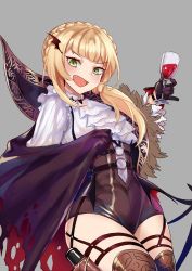 Rule 34 | 1girl, black gloves, blood, braid, cape, cup, drinking glass, fang, frills, gloves, grey background, holding, holding cup, kaorihero, long hair, open mouth, original, smile, solo, torn clothes, wine glass, wing hair ornament