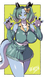 Rule 34 | 1girl, bad id, bad twitter id, black horns, blue skin, blush, bow, breasts, claw pose, claws, colored skin, covered erect nipples, dragon girl, dragon horns, dragon tail, fangs, furry, furry female, geso smith, gradient hair, green eyes, green hair, green skirt, grey hair, hair bow, highres, horns, large breasts, looking at viewer, multicolored hair, original, pleated skirt, simple background, skirt, solo, sweat, tail, tongue, twintails, twitter username, yellow bow