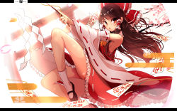 Rule 34 | 1girl, backlighting, black footwear, bow, breasts, brown hair, detached sleeves, floating hair, frilled bow, frilled skirt, frills, full body, hair bow, hair tubes, hakurei reimu, highres, holding, holding wand, long hair, long sleeves, open mouth, petals, red bow, red eyes, red ribbon, red shirt, red skirt, ribbon, ribbon-trimmed skirt, ribbon-trimmed sleeves, ribbon trim, shirt, sideboob, skirt, sleeveless, sleeveless shirt, small breasts, socks, solo, swept bangs, torii, touhou, very long hair, wand, weizhi, white sleeves, white socks, wide sleeves