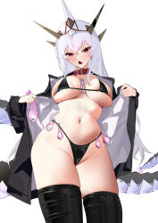 Rule 34 | 1girl, absurdres, bikini, black bikini, black jacket, black thighhighs, blush, breasts, collar, condom, condom belt, cum, cyber dragon infinity, dragon tail, duel monster, groin, highres, holding, holding condom, horns, jacket, large breasts, mechanical horns, micro bikini, open clothes, open jacket, open mouth, personification, raywallin, red collar, red eyes, skindentation, solo, swimsuit, tail, thighhighs, used condom, white hair, yu-gi-oh!