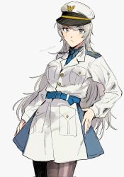 Rule 34 | 1girl, alternate costume, black pantyhose, blue eyes, blue necktie, breast pocket, breasts, closed mouth, dress, grey background, grey hair, hand on own hip, hat, highres, kantai collection, long hair, long sleeves, looking at viewer, medium breasts, military, military uniform, necktie, nidou, one-hour drawing challenge, pantyhose, pocket, signature, simple background, solo, uniform, very long hair, washington (kancolle)