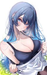 Rule 34 | 1girl, black camisole, blue eyes, blue hair, blush, bra, bra peek, breasts, camisole, cleavage, clothes lift, commentary, gradient hair, green hair, head tilt, highres, komupi, large breasts, lifted by self, long hair, long sleeves, multicolored hair, natsumi (komupi), original, parted bangs, parted lips, shirt, shirt hold, shirt lift, simple background, solo, underwear, upper body, white background, white shirt