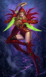 Rule 34 | 1girl, absurdres, artist name, blonde hair, blood elf (warcraft), boots, breasts, dagger, dated, dual wielding, elf, full body, glenn rane, gloves, green eyes, hearthstone, highres, holding, hood, knife, lips, long hair, looking at viewer, medium breasts, official art, pointy ears, red gloves, reverse grip, solo, thigh boots, thighhighs, thighs, valeera sanguinar, warcraft, weapon, world of warcraft