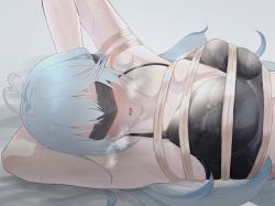 Rule 34 | 1girl, ahoge, armpits, arms behind back, bdsm, black bra, blindfold, blue hair, blush, bondage, bound, bra, breasts, ear blush, elf, grey background, hair between eyes, hamacha (haruharu000618), heart, heart ahoge, heavy breathing, highres, hololive, large breasts, long hair, lying, nose blush, open mouth, pointy ears, restrained, simple background, solo, sweat, underwear, underwear only, very long hair, virtual youtuber, yukihana lamy