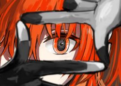Rule 34 | 1girl, a.i. voice, absurdres, adachi rei, android, artificial eye, black gloves, blurry, blurry foreground, close-up, colored eyelashes, commentary, english text, eye focus, finger frame, gloves, grey gloves, hair between eyes, hands up, highres, lens eye, looking at viewer, mechanical eye, orange eyes, orange hair, owlin, solo, straight-on, symbol-only commentary, text in eyes, two-tone gloves, utau