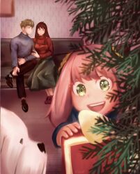 Rule 34 | 1boy, 1other, 2girls, anya (spy x family), black hair, blonde hair, bond (spy x family), box, child, christmas, christmas present, christmas tree, couch, couple, dog, dress, family, gift, gift box, green eyes, hair ornament, hetero, highres, holding, holding gift, living room, multiple girls, on couch, open mouth, pet, pink hair, red eyes, smile, spy x family, sweater, twilight (spy x family), white dog, xoxomika 213, yor briar