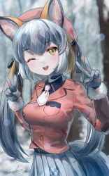 Rule 34 | 1girl, ;d, absurdres, animal ear fluff, belt, beret, blonde hair, blurry, blurry background, commentary request, double v, extra ears, fox girl, fox tail, fur-trimmed sleeves, fur trim, gloves, hair ribbon, hat, highres, island fox (kemono friends), jacket, kemono friends, kemono friends v project, long hair, long sleeves, looking at viewer, microphone, necktie, one eye closed, open mouth, orange eyes, orange jacket, pleated skirt, ribbon, short necktie, signature, silver hair, skirt, smile, solo, tail, twintails, v, virtual youtuber, welt (kinsei koutenkyoku), white gloves
