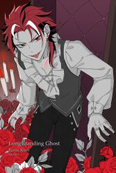 Rule 34 | 1boy, absurdres, artist name, black nails, candle, candlestand, character name, dreonya, ensemble stars!, fingernails, flower, frills, green eyes, hair over shoulder, heterochromia, highres, jewelry, kiryu kuro, leaf, long hair, long sleeves, looking at viewer, male focus, multicolored hair, open mouth, red eyes, red flower, red hair, red rose, ring, rose, scarlet halloween (ensemble stars!), scratches, sharp teeth, solo, streaked hair, teeth, tongue, tongue out, upper teeth only, vest, white hair