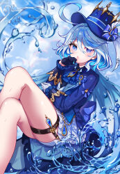 1girl :o absurdres ahoge ascot asymmetrical_gloves black_gloves blue_ascot blue_bow blue_eyes blue_gemstone blue_hair blue_hat blue_jacket blush bow cloud commentary_request crossed_legs day dress drop-shaped_pupils furina_(genshin_impact) fuyuzima gem genshin_impact gloves hand_to_own_mouth hat hat_bow heterochromia highres hydrokinesis invisible_chair jacket light_blue_hair lolita_fashion long_hair looking_at_viewer mismatched_gloves multicolored_hair ouji_fashion outdoors partial_commentary shorts sitting solo streaked_hair symbol-shaped_pupils thigh_strap thighs top_hat two-tone_dress very_long_hair water white_gloves white_hair white_shorts