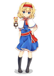 Rule 34 | 1girl, absurdres, alice margatroid, apron, arm behind back, black dress, black footwear, blonde hair, blue dress, blue eyes, blush, boots, bow, capelet, contrapposto, dress, floating, frilled skirt, frilled sleeves, frills, frown, full body, hair between eyes, hair bow, hairband, hand on own hip, head tilt, highres, knee boots, lolita hairband, long hair, looking at viewer, mary janes, neck ribbon, pantyhose, red ribbon, ribbon, sachisudesu, sash, shadow, shanghai doll, shoes, short hair, short sleeves, simple background, skirt, smile, touhou, very long hair, waist apron, white background, white capelet, white pantyhose