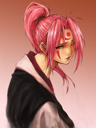 Rule 34 | 1girl, arc system works, baiken, facial mark, forehead mark, from behind, guchico, guilty gear, japanese clothes, kimono, lips, lipstick, long hair, looking back, makeup, molze, one-eyed, open mouth, pink hair, ponytail, red eyes, scar, scar across eye, scar on face, simple background, solo, tattoo