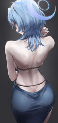 Rule 34 | 1girl, absurdres, ako (blue archive), ako (dress) (blue archive), ass, back, backboob, backless dress, backless outfit, bare shoulders, blue archive, blue dress, blue eyes, blue hair, breasts, butt crack, closed mouth, dress, earrings, from behind, hairband, halo, hand up, highres, jewelry, large breasts, looking back, medium hair, monegi, official alternate costume, shoulder blades, solo