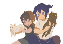 Rule 34 | 1boy, 1girl, animal, black cat, black shirt, blush, brown eyes, brown hair, cat, character request, closed mouth, copyright request, cowboy shot, cross-shaped pupils, grey shorts, holding, holding animal, holding cat, muff (omochilab), open mouth, pants, playing, ponytail, purple eyes, purple hair, purple pants, shirt, short hair, short sleeves, shorts, simple background, split mouth, symbol-shaped pupils, t-shirt, white background, white cat, white shirt