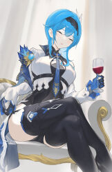 Rule 34 | 1girl, absurdres, arm rest, black hairband, blue cape, blue gloves, blue hair, blue necktie, blush, boots, breasts, cape, chest harness, clothing cutout, couch, crossed legs, cup, drinking glass, eula (genshin impact), genshin impact, gloves, hairband, half-closed eyes, harness, high-waist shorts, highres, holding, holding cup, large breasts, medium hair, necktie, on couch, parfaitlate, parted lips, red wine, shorts, shoulder cutout, side cape, sidelocks, sitting, solo, thigh boots, thighs, two-tone gloves, vision (genshin impact), white sleeves, wide sleeves, wine glass, yellow eyes