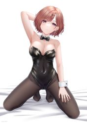 Rule 34 | 1girl, arm up, armpits, bare arms, black bow, black bowtie, black leotard, bow, bowtie, breasts, brown eyes, brown hair, brown pantyhose, cleavage, covered navel, detached collar, full body, hair ornament, hairclip, hand on own thigh, highres, higuchi madoka, idolmaster, idolmaster shiny colors, kneeling, leotard, looking at viewer, medium breasts, mole, mole under eye, nontraditional playboy bunny, pantyhose, parted lips, playboy bunny, satomi (745684552), short hair, solo, strapless, strapless leotard, swept bangs, thighs, white background, wrist cuffs