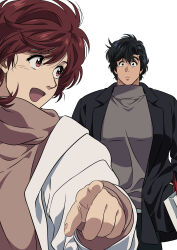 Rule 34 | 1boy, 1girl, absurdres, bag, black coat, black hair, black pants, brown eyes, brown hair, city hunter, coat, commentary request, eyelashes, frown, grey sweater, hands in pockets, highres, makimura kaori, open mouth, pants, pink sweater, pointing, saeba ryou, shopping bag, short hair, simple background, sweater, turtleneck, turtleneck sweater, white background, white coat, yuu (masarunomori)