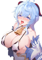 Rule 34 | 1girl, ahoge, animal print, bare shoulders, bell, bikini, bikini top only, blue hair, blush, breast lift, breasts, breasts squeezed together, cleavage, collarbone, cow print, cowbell, detached collar, ganyu (genshin impact), genshin impact, highres, horns, large breasts, long hair, neck bell, o-ring, o-ring bikini, open mouth, purple eyes, simple background, solo, strap gap, swimsuit, tongue, tongue out, upper body, white background, yuruto
