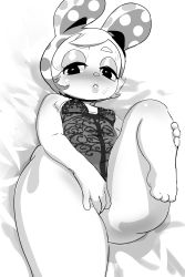 Rule 34 | 1girl, absurdres, animal crossing, animal ears, bare shoulders, barefoot, bed sheet, between legs, blush, bottomless, breasts, covering privates, covering crotch, female focus, francine (animal crossing), furry, furry female, greyscale, half-closed eyes, hand between legs, highres, idlecum, leg lift, lingerie, lips, looking at viewer, lying, monochrome, navel, nintendo, nipples, nose blush, on back, parted lips, rabbit ears, see-through, short hair, simple background, small breasts, solo, teeth, thick thighs, thighs, underwear, white background