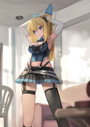 Rule 34 | 1girl, absurdres, adjusting hair, armpits, arms up, asymmetrical legwear, black socks, blonde hair, blue eyes, blurry, blurry background, breasts, chair, cleavage, couch, crop top, day, depth of field, elbow gloves, gloves, hair ornament, hair ribbon, head tilt, highres, indoors, kneehighs, large breasts, light smile, long hair, looking at viewer, midriff, miniskirt, mirai akari, mirai akari project, navel, pleated skirt, ponytail, ribbon, skindentation, skirt, sleeveless, socks, solo, standing, sunga2usagi, thigh strap, thighhighs, uneven legwear, virtual youtuber, white gloves, wing collar