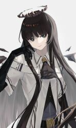 Rule 34 | 1girl, arknights, ascot, black ascot, black eyes, black gloves, black hair, bright pupils, commentary, gloves, grey background, halo, hand up, highres, long hair, looking at viewer, nanase (nanase cg), shirt, simple background, smile, solo, upper body, very long hair, virtuosa (arknights), white pupils, white shirt