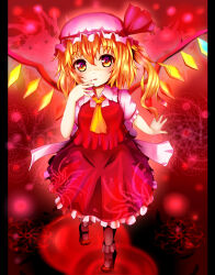 Rule 34 | 1girl, ascot, back bow, bobby socks, bow, chiroshiron, collared shirt, flandre scarlet, frilled shirt collar, frilled skirt, frilled sleeves, frills, hair between eyes, hat, hat ribbon, large bow, long hair, looking at viewer, mary janes, mob cap, multicolored wings, one side up, open mouth, puffy short sleeves, puffy sleeves, red background, red eyes, red ribbon, red skirt, red theme, red vest, ribbon, shirt, shoes, short sleeves, skirt, socks, solo, touhou, vest, white shirt, wings, yellow ascot