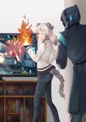 Rule 34 | 1girl, 1other, ;), alternate costume, arknights, black gloves, black jacket, commentary, commission, cosplay, denim, doctor (arknights), feet out of frame, fingerless gloves, fire, gloves, highres, hood, hooded jacket, horns, ifrit (arknights), indoors, jacket, jeans, kusanagi kyou, kusanagi kyou (cosplay), long hair, long sleeves, looking at viewer, one eye closed, originium arts (arknights), pants, red eyes, shiryuu akira, silver hair, smile, standing, sweatdrop, tail, television, the king of fighters, the king of fighters xiv, white jacket