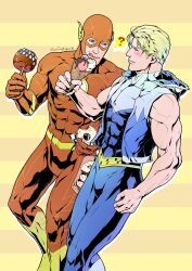 Rule 34 | 2boys, ?, artist name, bara, barry allen, blonde hair, blue bodysuit, blue eyes, blush, bodysuit, boots, captain cold (dc), covered abs, dc comics, doughnut, evinist, food, food on face, grey bodysuit, highres, holding, holding food, hood, hood down, hooded jacket, ice cream, ice cream cone, jacket, justice league, large pectorals, leonard snart, looking at another, male focus, mask, multiple boys, muscular, muscular male, open clothes, open jacket, pectorals, red bodysuit, short hair, simple background, sleeveless, sleeveless bodysuit, sleeveless jacket, the flash, tongue, tongue out, two-tone bodysuit, yaoi