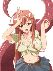 Rule 34 | 10s, 1girl, :d, belt, blush, breasts, cleavage, cowboy shot, covered erect nipples, fang, female focus, hair ornament, hairclip, lamia, large breasts, long hair, miia (monster musume), monster girl, monster musume no iru nichijou, navel, open mouth, pointy ears, red hair, scales, shirt, simple background, skirt, slit pupils, smile, solo, tied shirt, trf honeycomb, v, very long hair, white background, yellow eyes