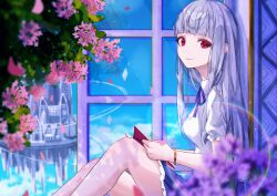 Rule 34 | 1girl, blunt bangs, book, bracelet, castle, collared shirt, floating castle, floating island, flower, from side, grey hair, holding, holding book, jewelry, long hair, looking at viewer, nagi naruki, neck ribbon, original, red eyes, ribbon, shirt, short sleeves, sitting, sky, smile, solo, window