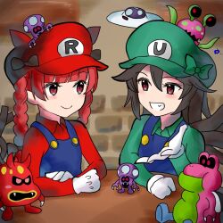 Rule 34 | 2girls, animal ears, bird wings, black feathers, black hair, black wings, blue overalls, braid, cat ears, cat tail, closed mouth, collared shirt, commentary request, cosplay, elder shrooboid, feathers, flat cap, gloves, green hat, green shirt, grin, happy, hat, highres, indoors, kaenbyou rin, kappy745, long hair, long sleeves, luigi, luigi (cosplay), mario, mario &amp; luigi: partners in time, mario &amp; luigi rpg, mario (cosplay), mario (series), multiple girls, multiple tails, nintendo, overalls, red eyes, red hair, red hat, red shirt, reiuji utsuho, shirt, shroob, shroob saucer, smile, sunnycide, table, tail, touhou, twin braids, two tails, white gloves, wings, yoob