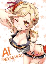 Rule 34 | 1girl, absurdres, blonde hair, breasts, character name, cleavage, grin, highres, idol, looking at viewer, love live!, love live! nijigasaki high school idol club, love live! school idol festival all stars, meccha going!!, medium breasts, miyashita ai, nail polish, one eye closed, orange nails, side ponytail, smile, solo, star (symbol), starry background, takochan77, thighs, yellow eyes